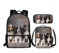 JUDENTIDOS Ensemble de 3 sacs à dos pour garçons et filles avec boîte à déjeuner et trousse à crayons, Cavalier King Charles.