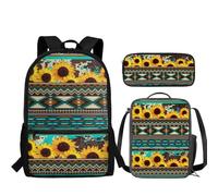 JUDENTIDOS Ensemble de 3 sacs à dos pour garçons et filles avec boîte à déjeuner et trousse à crayons, Tournesol aztèque amérindien du sud-ouest