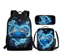 JUDENTIDOS Ensemble sac à dos d'école 3 en 1 pour garçons et filles, cartable avec sac à déjeuner et trousse à crayons, Cœur bleu tortue de mer floral