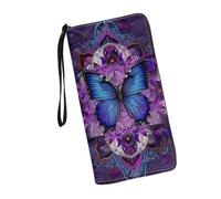 JUDENTIDOS Joli portefeuille pour femme avec fermeture éclair sur le pourtour en cuir, porte-cartes, pochette avec dragonne, Mandala Papillon, Taille unique