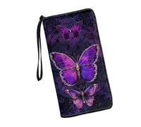 JUDENTIDOS Portefeuille long en cuir avec dragonne et fermeture éclair pour femme avec blocage RFID, Mandala Papillon, Taille unique