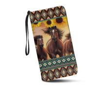 JUDENTIDOS Portefeuille long pour femme avec fermeture éclair et blocage RFID, porte-cartes, Cheval de tournesol aztèque du sud-ouest, Taille unique