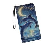 JUDENTIDOS Portefeuille personnalisé RFID avec dragonne pour femme - Porte-cartes en cuir, Blue Dolphon Moon, Taille unique