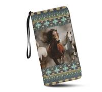 JUDENTIDOS Portefeuille pour femme avec blocage RFID, sac à main de grande capacité avec dragonne et plusieurs emplacements pour cartes, Cheval aztèque amérindien du sud-ouest, Taille unique
