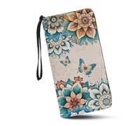 JUDENTIDOS Portefeuille pour femme avec blocage RFID, sac à main de grande capacité avec dragonne et plusieurs emplacements pour cartes, Mandala Papillon, Taille unique
