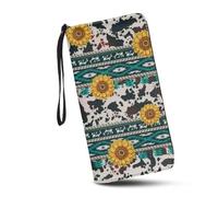 JUDENTIDOS Portefeuille pour femme avec fermeture éclair sur le pourtour en cuir synthétique avec dragonne, Vache tournesol aztèque amérindienne du sud-ouest, Taille unique