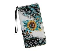 JUDENTIDOS Portefeuilles personnalisés avec dragonne pour femme en cuir avec longue fermeture éclair RFID porte-cartes de crédit, Tournesol aztèque amérindien du sud-ouest, Taille unique