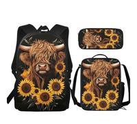 JUDENTIDOS Sacs à dos d'école pour l'école primaire filles garçons 3 pièces sacs à dos de voyage pour ordinateur portable sacs à dos décontractés, Vache des Highlands Tournesol