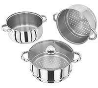 Judge Essentials Cuiseur vapeur à 3 étages en acier inoxydable 24 cm, couvercle en verre ventilé, cocotte intégrale, passe au four, compatible induction