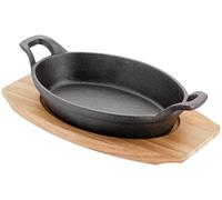 Judge Sizzle & Serve Grand plat à gratin, poêle en fonte avec support de service en bois, compatible induction 20 cm x 14 cm