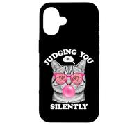Judging You Silently Funny Cat Blowing Bubble Gum Pink Cat Coque pour iPhone 16