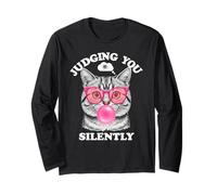 Judging You Silently Funny Cat Blowing Bubble Gum Pink Cat Manche Longue
