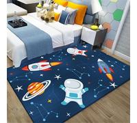 Judy1980 Tapis pour Enfants Univers de Bande Dessinée Planète Astronaute Tapis de Salon Antidérapant Bleu Noir de Lavable (80x160cm)