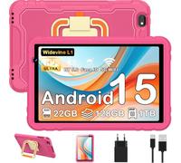 JUEDUR Android 15 Tablette 10 Pouces, 22Go RAM+128Go ROM(TF 1To), Octa-Core, 8000mAH, WiFi 6, 5+8MP, Contrôle Parental, avec EVA Étui de Protection Antichoc, 360° Rotatif Support （Rouge ）