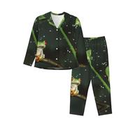 JUEXDEME Ensemble pyjama 2 pièces confortable pour femme motif grenouille arbre de la paix imprimé à manches longues boutonné, Noir , L-3XL