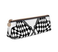 JUEXDEME Trousse à crayons en cuir avec motif drapeau de course à carreaux avec fermeture éclair métallique pour étudiant, bureau, collège, blanc, Taille unique, Bagage à main