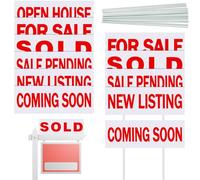 Juexica Lot de 12 panneaux de 15,2 x 43,7 cm pour maison ouverte pour immobilier - Double face en plastique imperméable - Avec 24 piquets et 6 messages différents - Lettre rouge