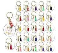 Jufjsfy Lot de 120 porte-clés vierges en acrylique avec pompons transparents avec anneaux à ressort pour porte-clés DIY