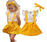 Juflam Ensemble de vêtements pour bébé fille avec chemise à volants + jupe porte-jarretelles + bandeau - Jaune - S