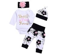 Juflam mignon nouveau - né enfant Bébé fille costume papa petite princesse haut + Floral pantalons + chapeau + bandeau Floral Set de 4 pièces (Blanc, 0-3 mois)