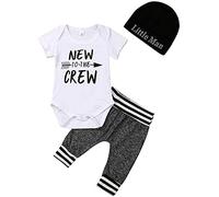 Juflam nouveau bébé garçon vêtements New to The Crew Imprimer haut +pantalons + chapeau 3 ensembles set (Manches courtes, 9-12 mois)