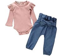 Juflam Nouveau - né Bébé fille costume volants à manches longues haut + Bow jeans pantalons (Jeans pantalons, 9-12 mois)