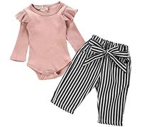 Juflam Nouveau - né Bébé fille costume volants à manches longues haut + Bow jeans pantalons (Rayé pantalon, 6-9 mois)