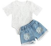 Juflam nouveau - né Bébé fille vêtements broderie dentelle à capuchon à fourche jeans jeans pantalons jeune enfant ensemble (Manches courtes, 12-18 mois)