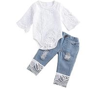 Juflam nouveau - né Bébé fille vêtements broderie dentelle à capuchon à fourche jeans jeans pantalons jeune enfant ensemble (Manches longues, 0-6 mois)