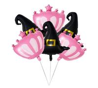 JUFYVO Lot de 6 ballons noirs en forme de chapeau de sorcière et couronne de princesse rose - Décorations de fête de sorcière - Ballons en aluminium pour Halloween sur le thème de la sorcière