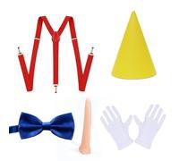 JUFYVO Pinocchio Lot de 5 déguisements avec chapeau jaune, nez et gants blancs, nœud papillon bleu, porte-jarretelles rouge, tenue de personnage de conte de fées