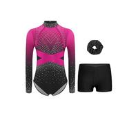 Jugaoge 3 Pièces Justaucorps Gymnastique Fille Strass Leotard Manches Langues avec Shorts Bandeau Tenue Spectacle Rose vif 9-10 ans