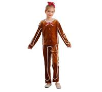 Jugaoge Costume Bonhomme Pain d'Épice Enfant 2 Pièces Velours Haut Manches Longues et Pantalon Tenue Gingerbread Noël Brun 13-14 ans
