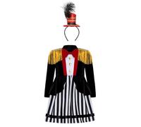 Jugaoge Costume Cirque Ringmaster Bébé Fille Cirque Tunique Longues Manches Ruban à la Cravate Casquette Robe Cérémonie Halloween Noir Rouge B 18-24 mois