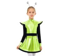 Jugaoge Costume Extraterrestre Fille Alien Brillant Robe Manches Longues avec Serre-tête Cosplay Carnaval Halloween Vert fluorescent 5-6 ans
