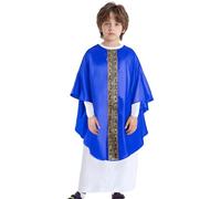 Jugaoge Costume Pape Enfant Unisexe Déguisement Religieux Robe de Pape Vatican Robe Blanche Manches Halloween Carnaval Bleu royal 11-12 ans
