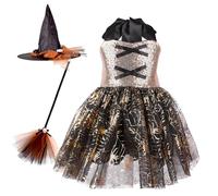 Jugaoge Costume Sorcière Princesse Enfant Fille 3 Pièces Ensemble Sorcière Robe Tulle avec Chapeau et Balai Halloween Carnaval Or 6-12 mois