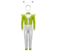 Jugaoge Déguisement Alien Extraterrestre Fille Combinaison Intégrale Brillant Métallique avec Serre-Tête Costume Espace Enfant Vert Argent 5-6 ans