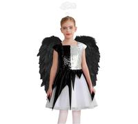 Jugaoge Déguisement Ange Démon Filles Robe Demi-ange Demi-diable avec Bandeau et Ailes Déguisement Fête Halloween Noir 15-16 ans