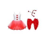Jugaoge Déguisement Cupidon Fille Imprimé Cœur Tutu Robe d'Amour avec Ailes et Flèche en Cœur Déguisement Carnaval Cosplay Rouge 7-8 ans
