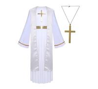 Jugaoge Deguisement Jesus Enfant Jésus Christ Robe Longue avec Collier Croix Tenue Bibliques Halloween Noël Carnaval Blanc 15-16 ans