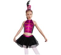 Jugaoge Enfant Fille Costume de Cirque 3 Pièces Ensemble Circus Haut Licou avec Jupe Tutu et Chapeau à Plumes Fêtes Carnaval Halloween Rose vif 7-8 ans