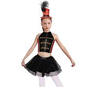 Jugaoge Enfant Fille Costume de Cirque 3 Pièces Ensemble Circus Haut Licou avec Jupe Tutu et Chapeau à Plumes Fêtes Carnaval Halloween Noir Rouge B 15-16 ans