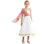Jugaoge Enfant Fille Costume Grec Antique Princesse Robe Toge Antique avec Cape et Manches Robe Mythologique Halloween Carnaval Rose 15-16 ans