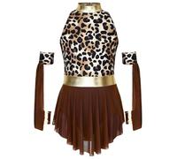 Jugaoge Enfant Fille Costume Grottes Préhistoriques Robe Métallisée Léopard avec Manchettes Costume Prehistoire Robe Cosplay Carnaval Dak Brown 11-12 Ans