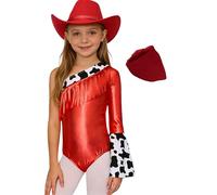 Jugaoge Enfant Fille Costume Western Cowgirl 3 Pièces Body Frangé avec Chapeau et Bandana Tenue Western Redeo Carnaval Rouge 5-6 ans