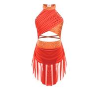 Jugaoge Enfant Fille Robe Patinage Ice-Skating Spectacle Strass Robe Danse Ballet Latine Samba sans Manche Body Gym 6-16 Ans A Orange 11-12 Ans