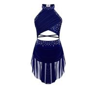 Jugaoge Enfant Fille Robe Patinage Ice-Skating Spectacle Strass Robe Danse Ballet Latine Samba sans Manche Body Gym 6-16 Ans A Bleu Marine 13-14 Ans