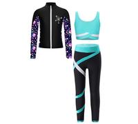 Jugaoge Ensemble Sport Cyclisme Survêtement Enfant Fille Zippé Sweat-shirt à Manches Longues Legging Débardeur Jogging Course à Pied 6-16 Ans A Cyan 11-12 ans