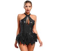 Jugaoge Femme Combinsion Body Danse Salsa Chacha Latine Sequins Jumpsuit Bodysuit Danse Moderne sans Manches Justaucorps Danse Dos Nu Noir M